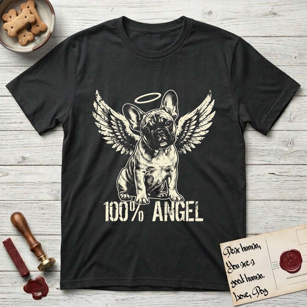 French Bulldog T-Shirt flat lay in Black, featuring Distressed cream one-color screen-print of a French Bulldog puppy as an angel, head cocked to one side, wings spread and a halo above, with 100% ANGEL lettering across the bottom.