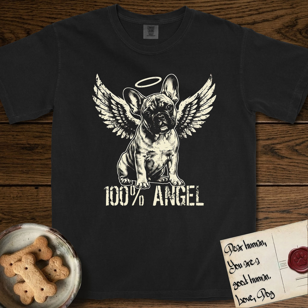 French Bulldog T-Shirt flat lay in Black, featuring Distressed cream one-color screen-print of a French Bulldog puppy as an angel, head cocked to one side, wings spread and a halo above, with 100% ANGEL lettering across the bottom.