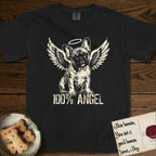 French Bulldog T-Shirt flat lay in Black, featuring Distressed cream one-color screen-print of a French Bulldog puppy as an angel, head cocked to one side, wings spread and a halo above, with 100% ANGEL lettering across the bottom.