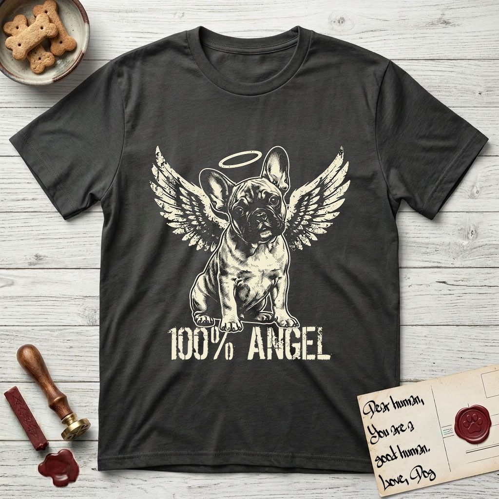 French Bulldog T-Shirt flat lay in Charcoal, featuring Distressed cream one-color screen-print of a French Bulldog puppy as an angel, head cocked to one side, wings spread and a halo above, with 100% ANGEL lettering across the bottom.