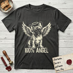 French Bulldog T-Shirt flat lay in Charcoal, featuring Distressed cream one-color screen-print of a French Bulldog puppy as an angel, head cocked to one side, wings spread and a halo above, with 100% ANGEL lettering across the bottom.