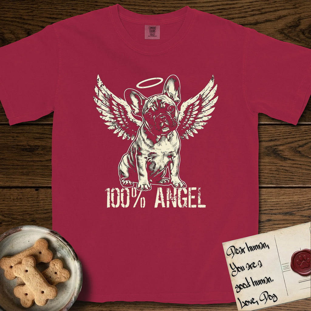 French Bulldog T-Shirt flat lay in Chili, featuring Distressed cream one-color screen-print of a French Bulldog puppy as an angel, head cocked to one side, wings spread and a halo above, with 100% ANGEL lettering across the bottom.