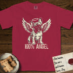 French Bulldog T-Shirt flat lay in Chili, featuring Distressed cream one-color screen-print of a French Bulldog puppy as an angel, head cocked to one side, wings spread and a halo above, with 100% ANGEL lettering across the bottom.