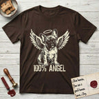 French Bulldog T-Shirt flat lay in Dark Chocolate, featuring Distressed cream one-color screen-print of a French Bulldog puppy as an angel, head cocked to one side, wings spread and a halo above, with 100% ANGEL lettering across the bottom.