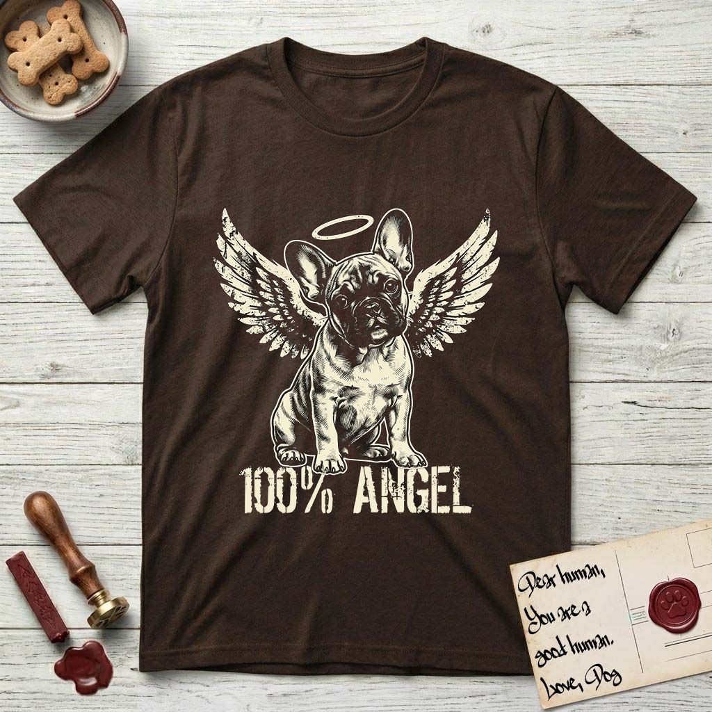 French Bulldog T-Shirt flat lay in Dark Chocolate, featuring Distressed cream one-color screen-print of a French Bulldog puppy as an angel, head cocked to one side, wings spread and a halo above, with 100% ANGEL lettering across the bottom.