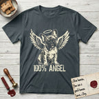 French Bulldog T-Shirt flat lay in Dark Heather Grey, featuring Distressed cream one-color screen-print of a French Bulldog puppy as an angel, head cocked to one side, wings spread and a halo above, with 100% ANGEL lettering across the bottom.
