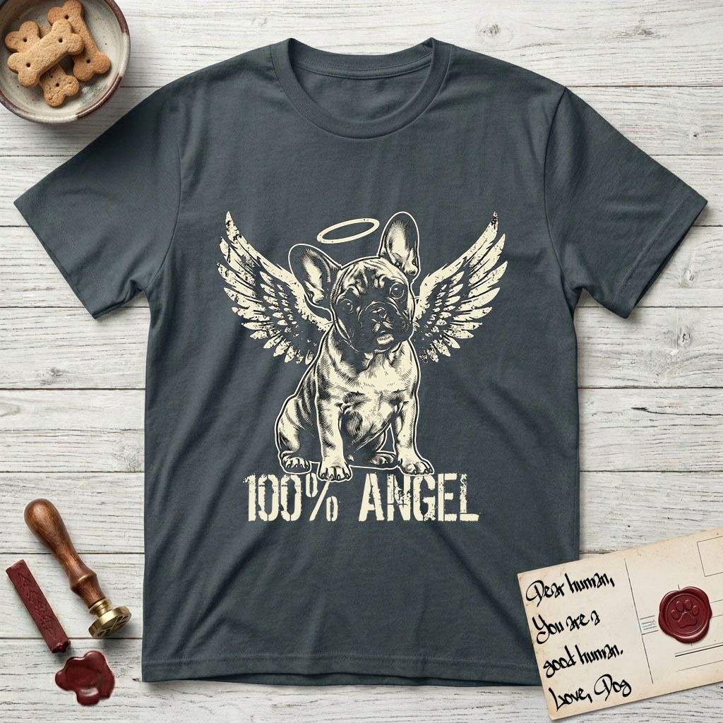 French Bulldog T-Shirt flat lay in Dark Heather Grey, featuring Distressed cream one-color screen-print of a French Bulldog puppy as an angel, head cocked to one side, wings spread and a halo above, with 100% ANGEL lettering across the bottom.