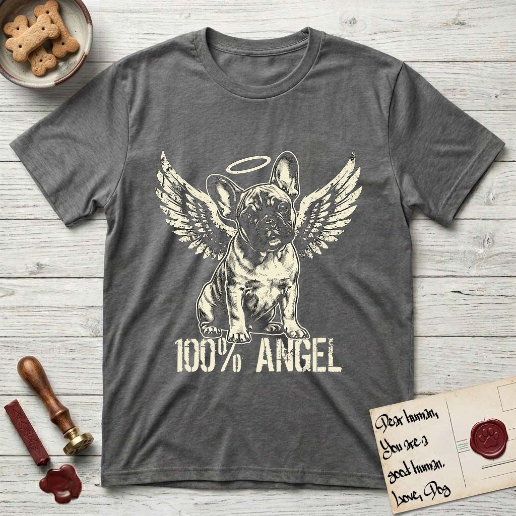 French Bulldog T-Shirt flat lay in Dark Heather, featuring Distressed cream one-color screen-print of a French Bulldog puppy as an angel, head cocked to one side, wings spread and a halo above, with 100% ANGEL lettering across the bottom.