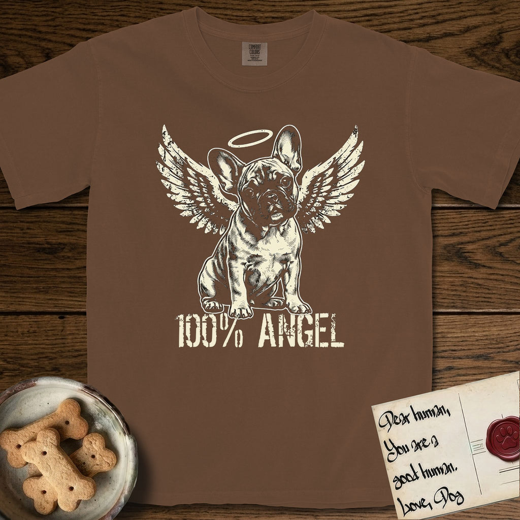 French Bulldog T-Shirt flat lay in Espresso, featuring Distressed cream one-color screen-print of a French Bulldog puppy as an angel, head cocked to one side, wings spread and a halo above, with 100% ANGEL lettering across the bottom.
