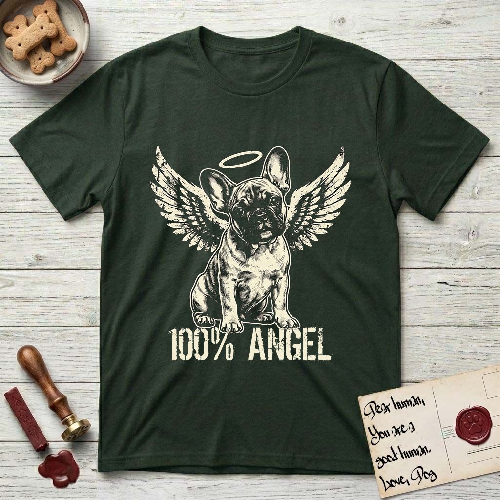 French Bulldog T-Shirt flat lay in Forest Green, featuring Distressed cream one-color screen-print of a French Bulldog puppy as an angel, head cocked to one side, wings spread and a halo above, with 100% ANGEL lettering across the bottom.