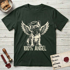 French Bulldog T-Shirt flat lay in Forest Green, featuring Distressed cream one-color screen-print of a French Bulldog puppy as an angel, head cocked to one side, wings spread and a halo above, with 100% ANGEL lettering across the bottom.