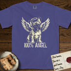 French Bulldog T-Shirt flat lay in Grape, featuring Distressed cream one-color screen-print of a French Bulldog puppy as an angel, head cocked to one side, wings spread and a halo above, with 100% ANGEL lettering across the bottom.