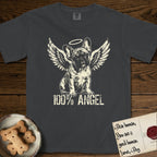 French Bulldog T-Shirt flat lay in Graphite, featuring Distressed cream one-color screen-print of a French Bulldog puppy as an angel, head cocked to one side, wings spread and a halo above, with 100% ANGEL lettering across the bottom.