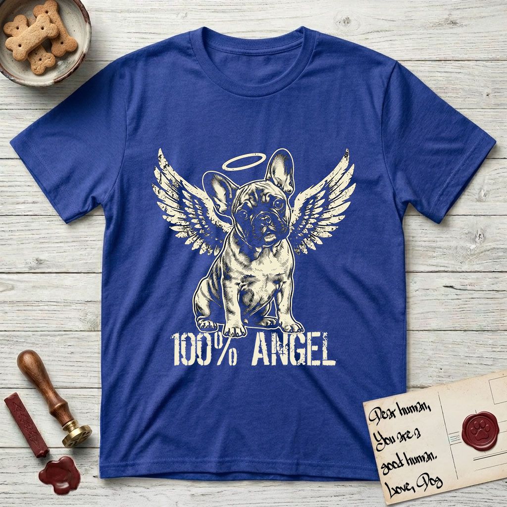 French Bulldog T-Shirt flat lay in Heather Royal, featuring Distressed cream one-color screen-print of a French Bulldog puppy as an angel, head cocked to one side, wings spread and a halo above, with 100% ANGEL lettering across the bottom.