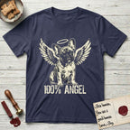 French Bulldog T-Shirt flat lay in Navy, featuring Distressed cream one-color screen-print of a French Bulldog puppy as an angel, head cocked to one side, wings spread and a halo above, with 100% ANGEL lettering across the bottom.