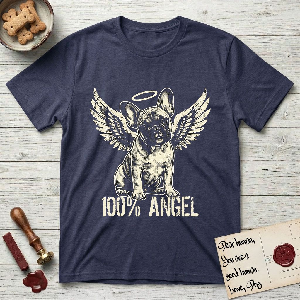 French Bulldog T-Shirt flat lay in Navy, featuring Distressed cream one-color screen-print of a French Bulldog puppy as an angel, head cocked to one side, wings spread and a halo above, with 100% ANGEL lettering across the bottom.