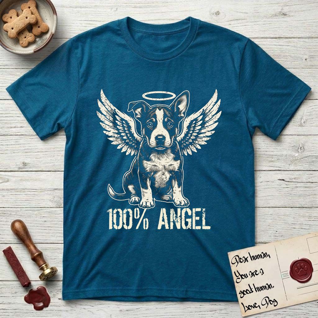 Lobo T-Shirt flat lay in Antique Sapphire, featuring Distressed cream one-color screen-print of a black-and-white Australian Cattle Dog and Pitbull mix puppy as an angel, big upright ears with one tip folded, wings spread and a halo above, with 100% ANGEL lettering across the bottom.