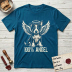 Lobo T-Shirt flat lay in Antique Sapphire, featuring Distressed cream one-color screen-print of a black-and-white Australian Cattle Dog and Pitbull mix puppy as an angel, big upright ears with one tip folded, wings spread and a halo above, with 100% ANGEL lettering across the bottom.