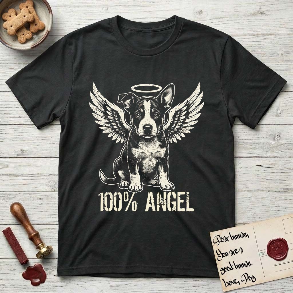 Lobo T-Shirt flat lay in Black, featuring Distressed cream one-color screen-print of a black-and-white Australian Cattle Dog and Pitbull mix puppy as an angel, big upright ears with one tip folded, wings spread and a halo above, with 100% ANGEL lettering across the bottom.