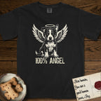 Lobo T-Shirt flat lay in Black, featuring Distressed cream one-color screen-print of a black-and-white Australian Cattle Dog and Pitbull mix puppy as an angel, big upright ears with one tip folded, wings spread and a halo above, with 100% ANGEL lettering across the bottom.