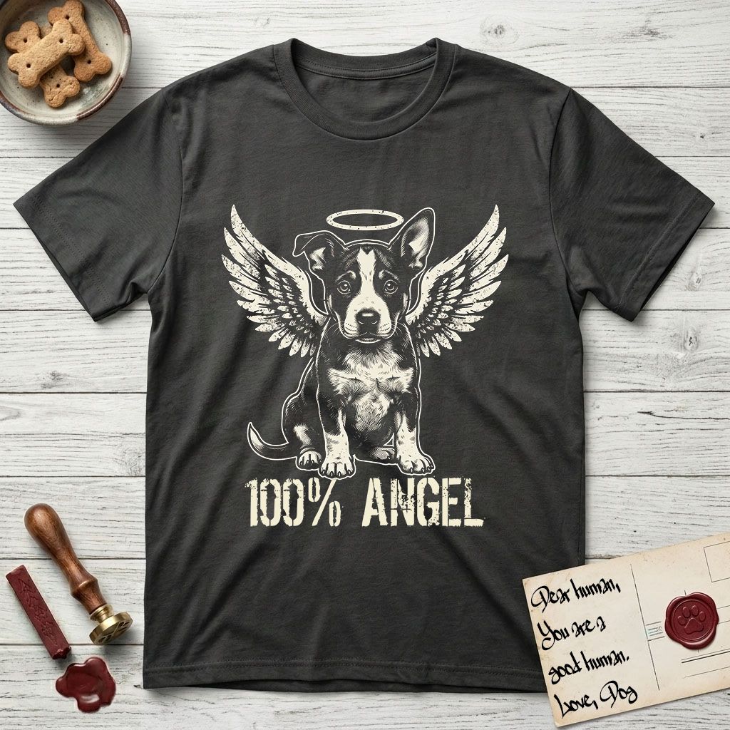 Lobo T-Shirt flat lay in Charcoal, featuring Distressed cream one-color screen-print of a black-and-white Australian Cattle Dog and Pitbull mix puppy as an angel, big upright ears with one tip folded, wings spread and a halo above, with 100% ANGEL lettering across the bottom.