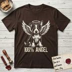 Lobo T-Shirt flat lay in Dark Chocolate, featuring Distressed cream one-color screen-print of a black-and-white Australian Cattle Dog and Pitbull mix puppy as an angel, big upright ears with one tip folded, wings spread and a halo above, with 100% ANGEL lettering across the bottom.
