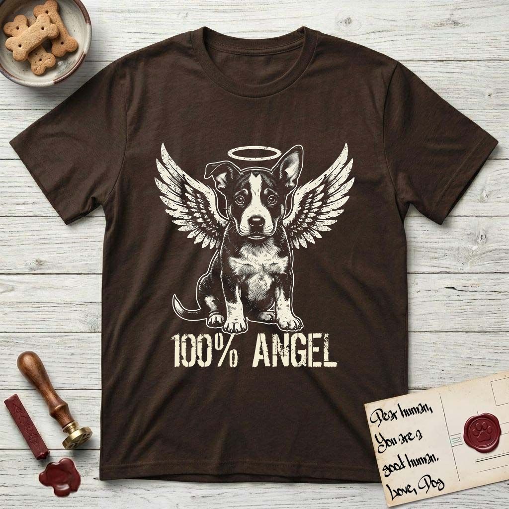 Lobo T-Shirt flat lay in Dark Chocolate, featuring Distressed cream one-color screen-print of a black-and-white Australian Cattle Dog and Pitbull mix puppy as an angel, big upright ears with one tip folded, wings spread and a halo above, with 100% ANGEL lettering across the bottom.