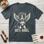 Lobo T-Shirt flat lay in Dark Heather Grey, featuring Distressed cream one-color screen-print of a black-and-white Australian Cattle Dog and Pitbull mix puppy as an angel, big upright ears with one tip folded, wings spread and a halo above, with 100% ANGEL lettering across the bottom.