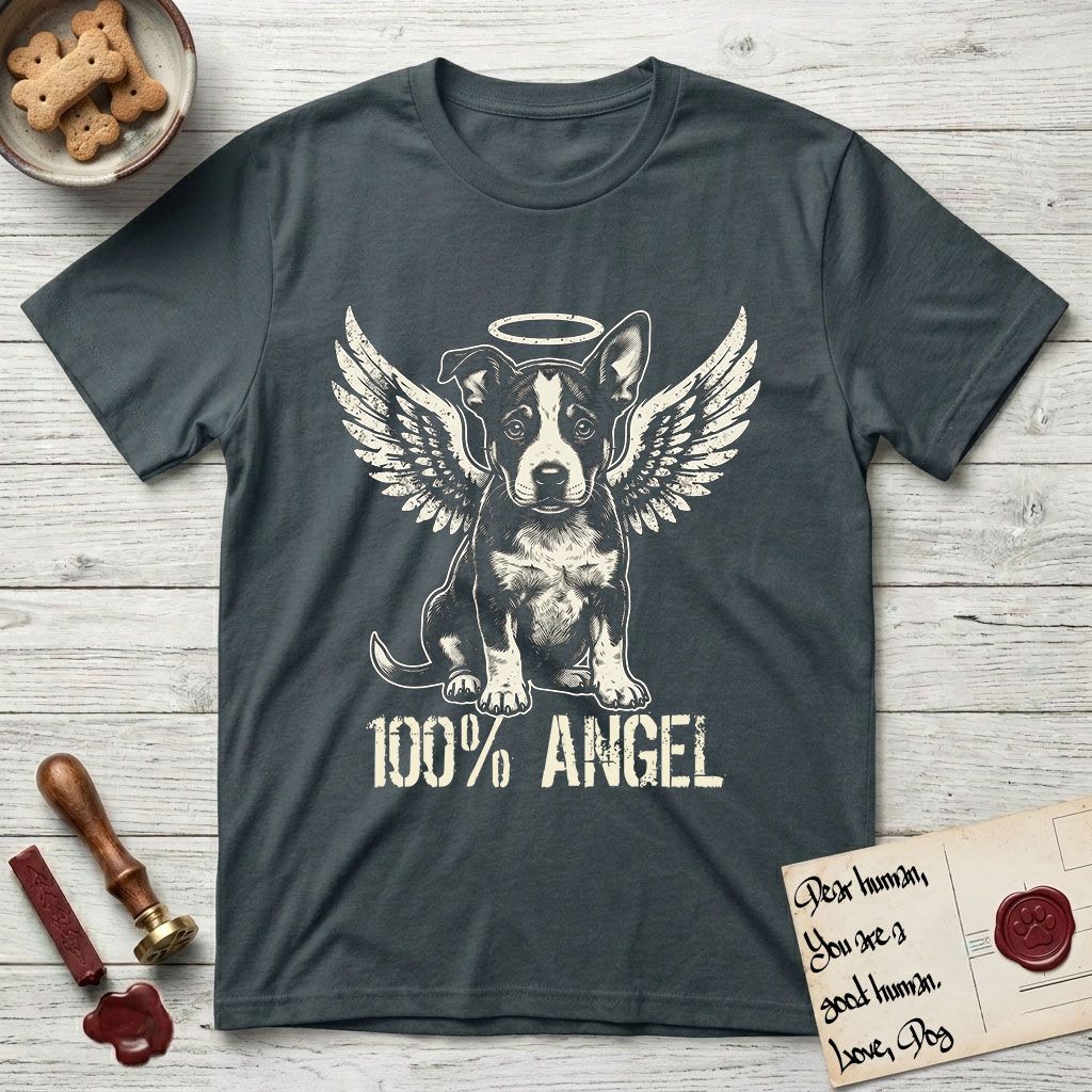Lobo T-Shirt flat lay in Dark Heather Grey, featuring Distressed cream one-color screen-print of a black-and-white Australian Cattle Dog and Pitbull mix puppy as an angel, big upright ears with one tip folded, wings spread and a halo above, with 100% ANGEL lettering across the bottom.