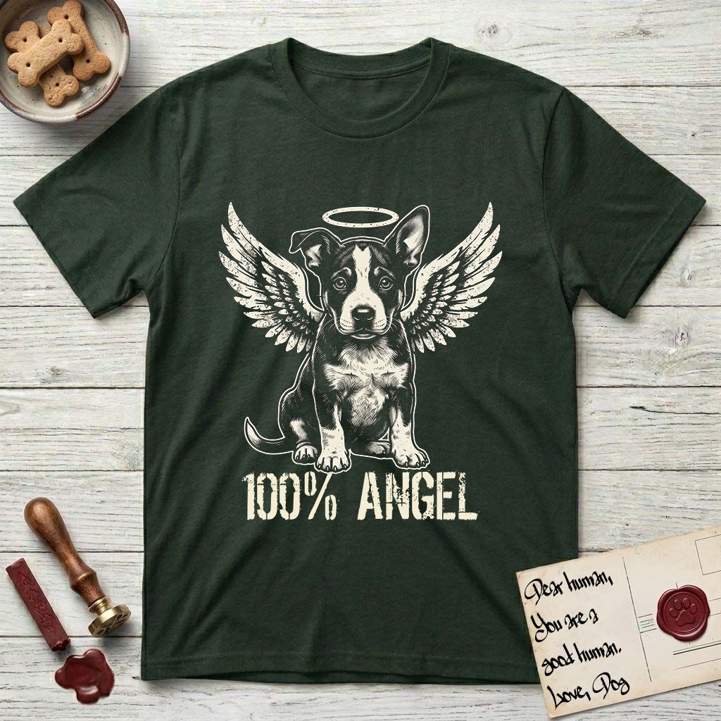 Lobo T-Shirt flat lay in Forest Green, featuring Distressed cream one-color screen-print of a black-and-white Australian Cattle Dog and Pitbull mix puppy as an angel, big upright ears with one tip folded, wings spread and a halo above, with 100% ANGEL lettering across the bottom.