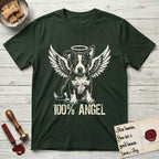 Lobo T-Shirt flat lay in Forest Green, featuring Distressed cream one-color screen-print of a black-and-white Australian Cattle Dog and Pitbull mix puppy as an angel, big upright ears with one tip folded, wings spread and a halo above, with 100% ANGEL lettering across the bottom.