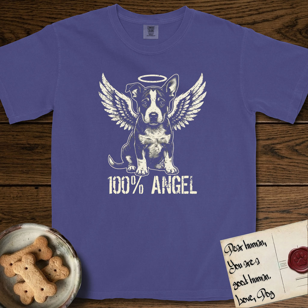 Lobo T-Shirt flat lay in Grape, featuring Distressed cream one-color screen-print of a black-and-white Australian Cattle Dog and Pitbull mix puppy as an angel, big upright ears with one tip folded, wings spread and a halo above, with 100% ANGEL lettering across the bottom.