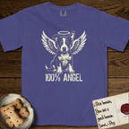 Lobo T-Shirt flat lay in Grape, featuring Distressed cream one-color screen-print of a black-and-white Australian Cattle Dog and Pitbull mix puppy as an angel, big upright ears with one tip folded, wings spread and a halo above, with 100% ANGEL lettering across the bottom.