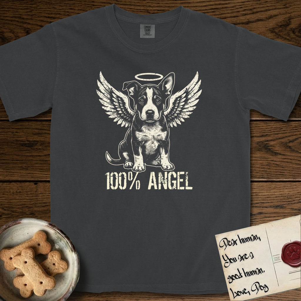 Lobo T-Shirt flat lay in Graphite, featuring Distressed cream one-color screen-print of a black-and-white Australian Cattle Dog and Pitbull mix puppy as an angel, big upright ears with one tip folded, wings spread and a halo above, with 100% ANGEL lettering across the bottom.
