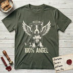 Lobo T-Shirt flat lay in Heather Military Green, featuring Distressed cream one-color screen-print of a black-and-white Australian Cattle Dog and Pitbull mix puppy as an angel, big upright ears with one tip folded, wings spread and a halo above, with 100% ANGEL lettering across the bottom.