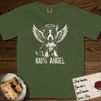 Lobo T-Shirt flat lay in Hemp, featuring Distressed cream one-color screen-print of a black-and-white Australian Cattle Dog and Pitbull mix puppy as an angel, big upright ears with one tip folded, wings spread and a halo above, with 100% ANGEL lettering across the bottom.