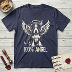 Lobo T-Shirt flat lay in Navy, featuring Distressed cream one-color screen-print of a black-and-white Australian Cattle Dog and Pitbull mix puppy as an angel, big upright ears with one tip folded, wings spread and a halo above, with 100% ANGEL lettering across the bottom.