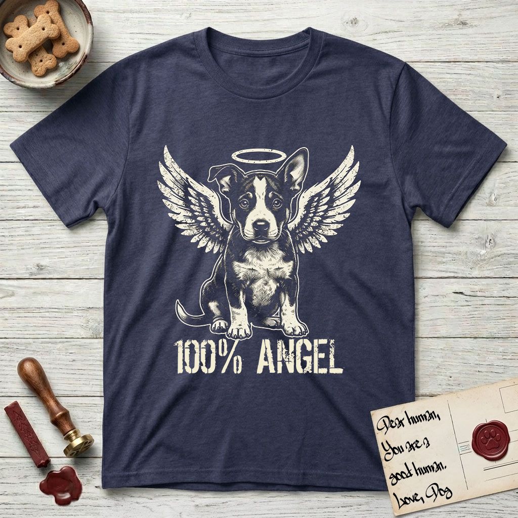 Lobo T-Shirt flat lay in Navy, featuring Distressed cream one-color screen-print of a black-and-white Australian Cattle Dog and Pitbull mix puppy as an angel, big upright ears with one tip folded, wings spread and a halo above, with 100% ANGEL lettering across the bottom.