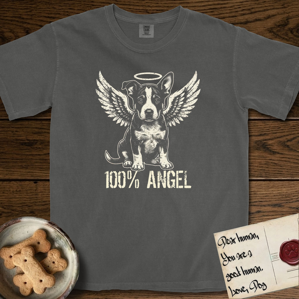 Lobo T-Shirt flat lay in Pepper, featuring Distressed cream one-color screen-print of a black-and-white Australian Cattle Dog and Pitbull mix puppy as an angel, big upright ears with one tip folded, wings spread and a halo above, with 100% ANGEL lettering across the bottom.