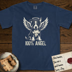 Lobo T-Shirt flat lay in True Navy, featuring Distressed cream one-color screen-print of a black-and-white Australian Cattle Dog and Pitbull mix puppy as an angel, big upright ears with one tip folded, wings spread and a halo above, with 100% ANGEL lettering across the bottom.