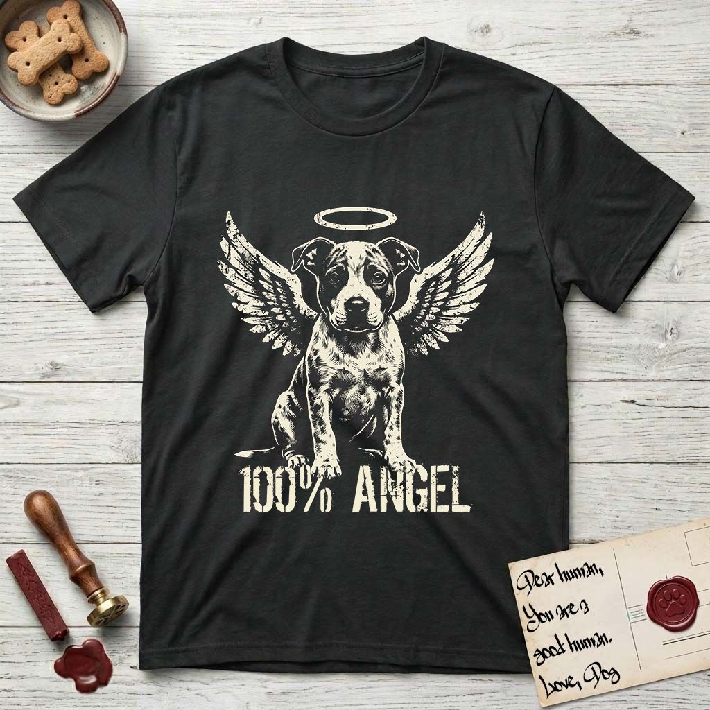 Pitbull T-Shirt flat lay in Black, featuring Distressed cream one-color screen-print of a Pitbull puppy as an angel, feathered wings spread and a halo above, sitting front-on, with 100% ANGEL lettering across the bottom.