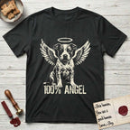 Pitbull T-Shirt flat lay in Black, featuring Distressed cream one-color screen-print of a Pitbull puppy as an angel, feathered wings spread and a halo above, sitting front-on, with 100% ANGEL lettering across the bottom.