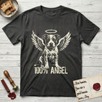 Pitbull T-Shirt flat lay in Charcoal, featuring Distressed cream one-color screen-print of a Pitbull puppy as an angel, feathered wings spread and a halo above, sitting front-on, with 100% ANGEL lettering across the bottom.