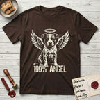 Pitbull T-Shirt flat lay in Dark Chocolate, featuring Distressed cream one-color screen-print of a Pitbull puppy as an angel, feathered wings spread and a halo above, sitting front-on, with 100% ANGEL lettering across the bottom.