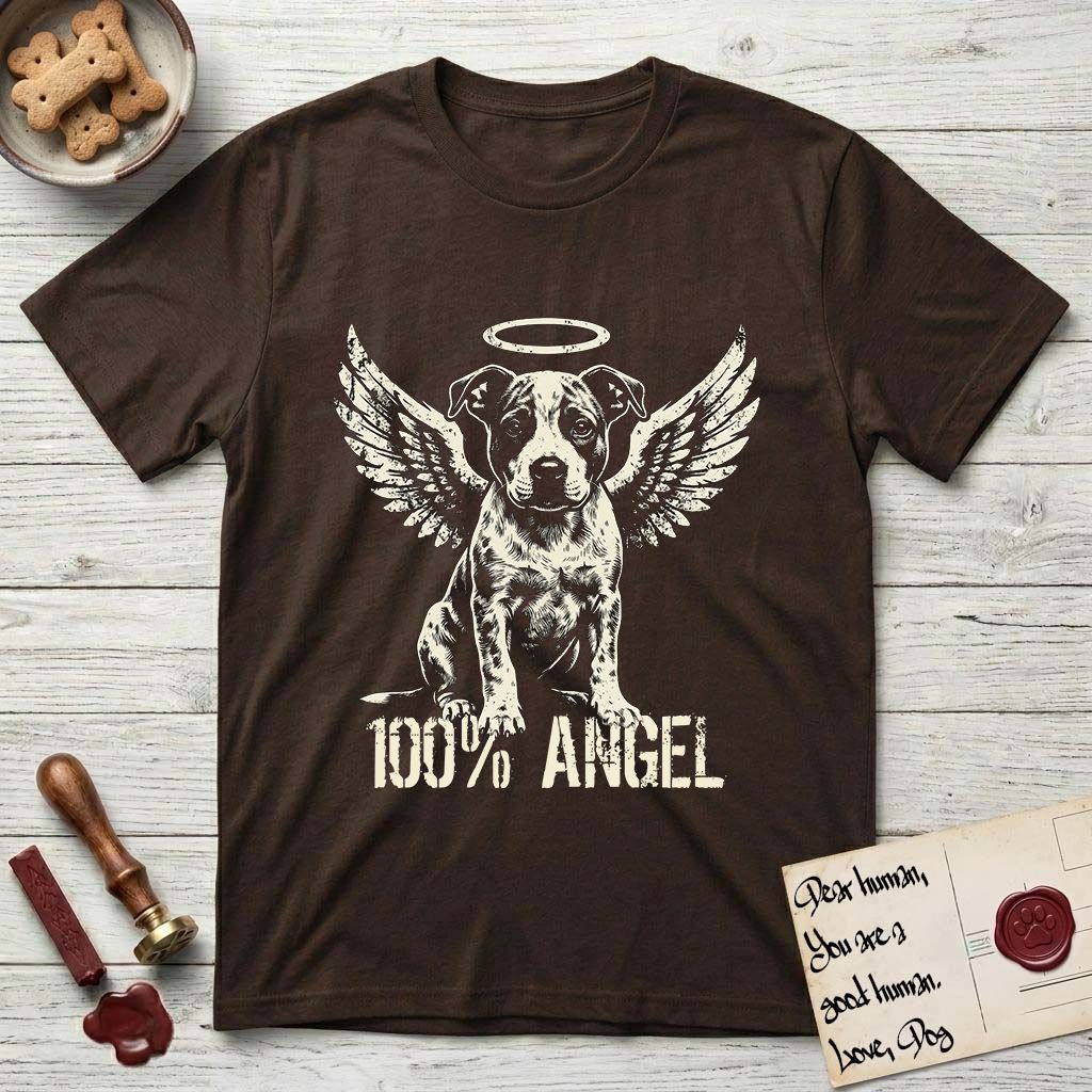 Pitbull T-Shirt flat lay in Dark Chocolate, featuring Distressed cream one-color screen-print of a Pitbull puppy as an angel, feathered wings spread and a halo above, sitting front-on, with 100% ANGEL lettering across the bottom.