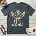 Pitbull T-Shirt flat lay in Dark Heather Grey, featuring Distressed cream one-color screen-print of a Pitbull puppy as an angel, feathered wings spread and a halo above, sitting front-on, with 100% ANGEL lettering across the bottom.