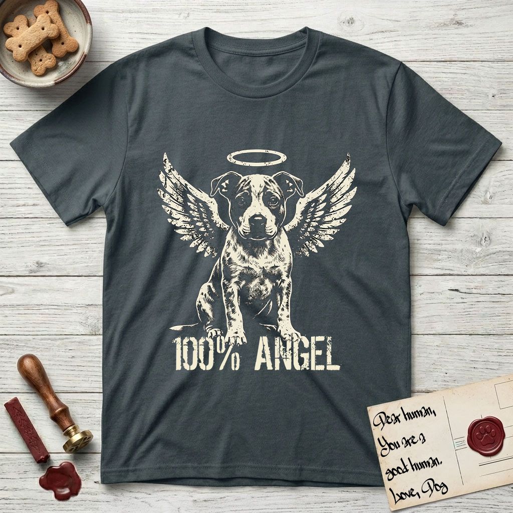 Pitbull T-Shirt flat lay in Dark Heather Grey, featuring Distressed cream one-color screen-print of a Pitbull puppy as an angel, feathered wings spread and a halo above, sitting front-on, with 100% ANGEL lettering across the bottom.