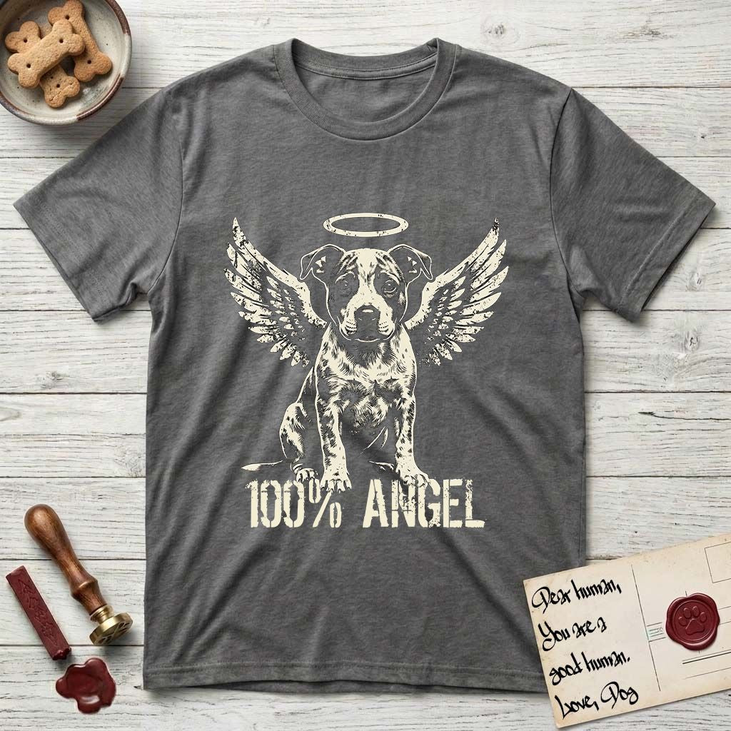 Pitbull T-Shirt flat lay in Dark Heather, featuring Distressed cream one-color screen-print of a Pitbull puppy as an angel, feathered wings spread and a halo above, sitting front-on, with 100% ANGEL lettering across the bottom.