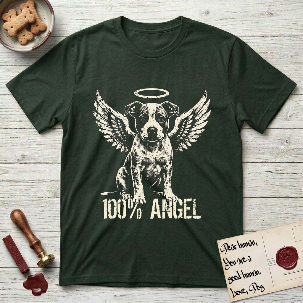 Pitbull T-Shirt flat lay in Forest Green, featuring Distressed cream one-color screen-print of a Pitbull puppy as an angel, feathered wings spread and a halo above, sitting front-on, with 100% ANGEL lettering across the bottom.
