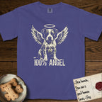Pitbull T-Shirt flat lay in Grape, featuring Distressed cream one-color screen-print of a Pitbull puppy as an angel, feathered wings spread and a halo above, sitting front-on, with 100% ANGEL lettering across the bottom.